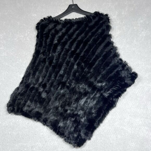 Barami Shawl Large Black Plucked Rabbit Fur Asymmetrical Poncho Wrap Shawl Cape - Picture 5 of 10